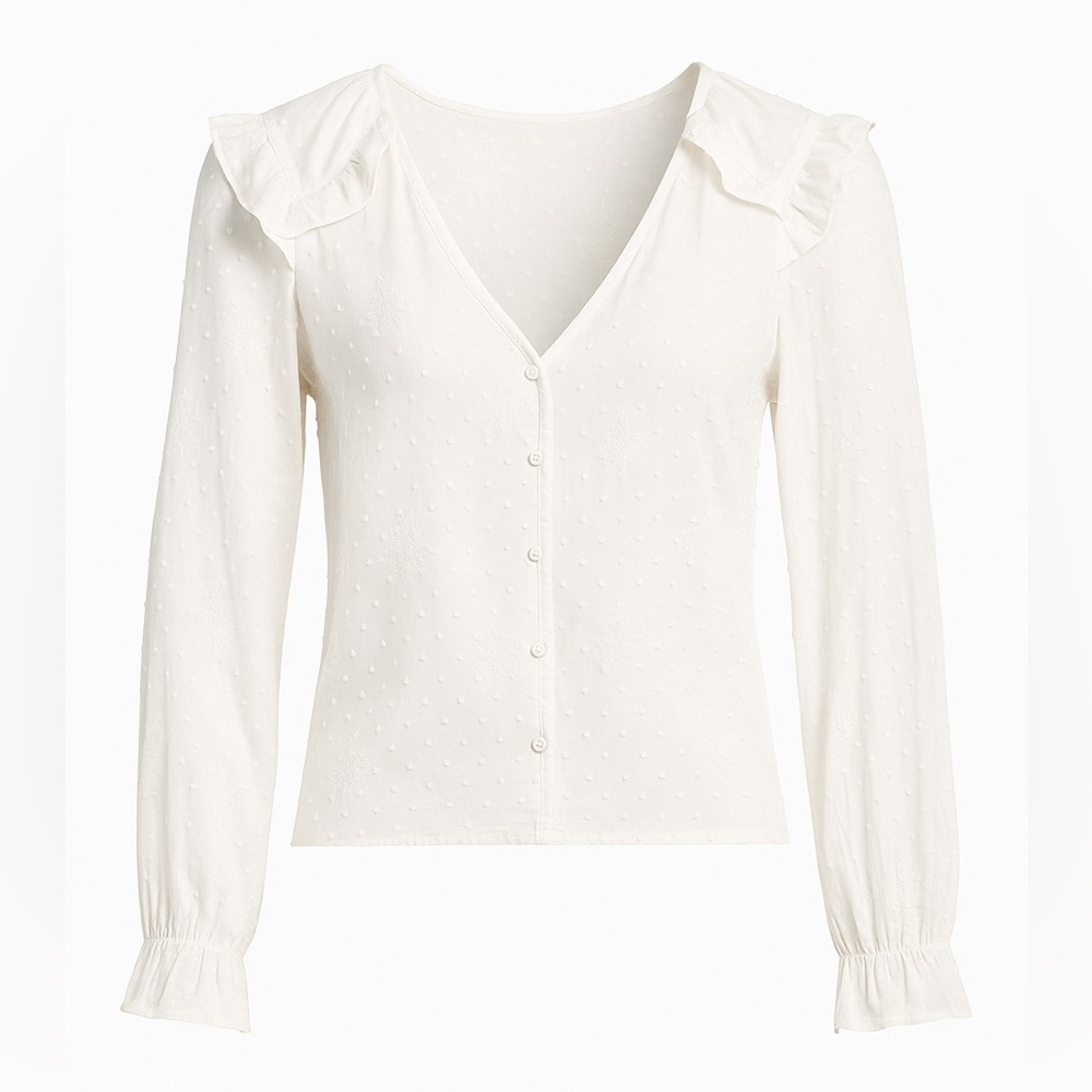 Zara White Ruffle Long Sleeve Blouse with Eyelet Embroidery Size M